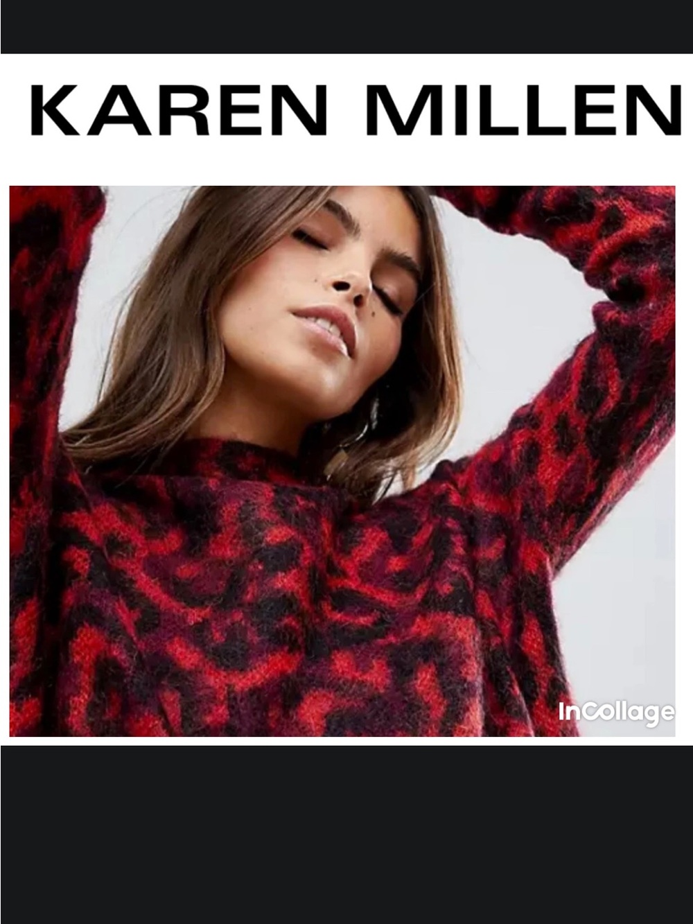 Karen Millen Red and Black Leopard-Print Mockneck Wool and Mohair Sweater